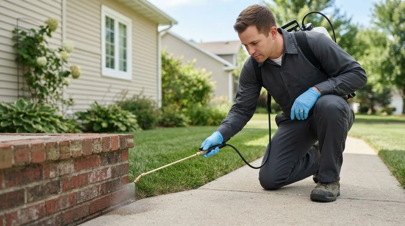 Pest control technician treating a home near Worthington, IN